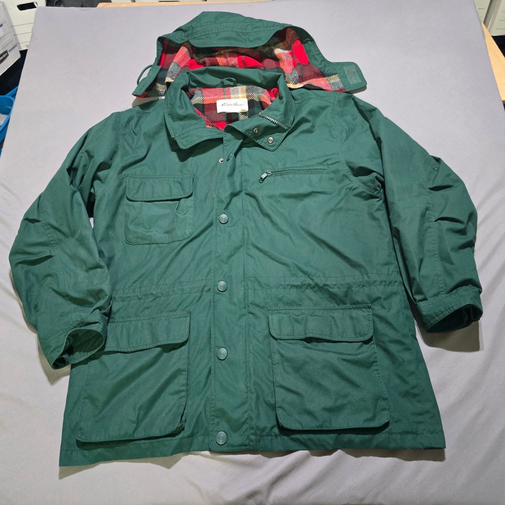 Eddie Bauer Field Parka Men L Green Plaid Lined Hooded Utility Jacket